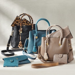 Faux Leather Satchel Set with Croco-Embossed Accessories, , large