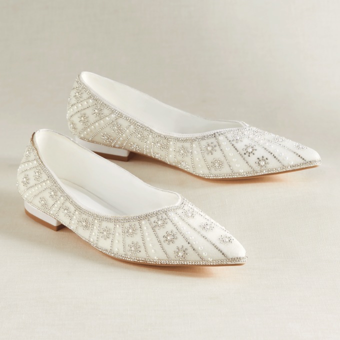 Pearl and Rhinestone-Embellished Satin Flat with Memory Foam Footbed, , large