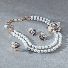 Faux-Pearl/Crystal Flower Necklace, Earring &amp; Ring Set, , large