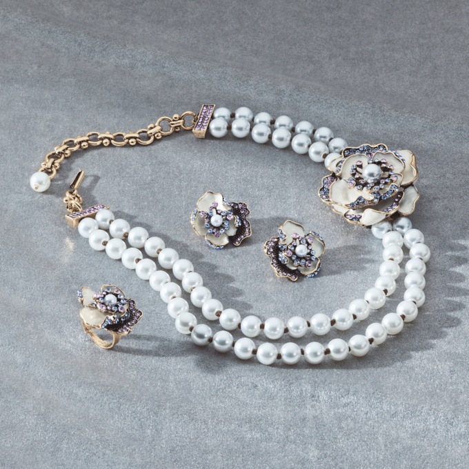 Faux-Pearl/Crystal Flower Necklace, Earring & Ring Set, , large