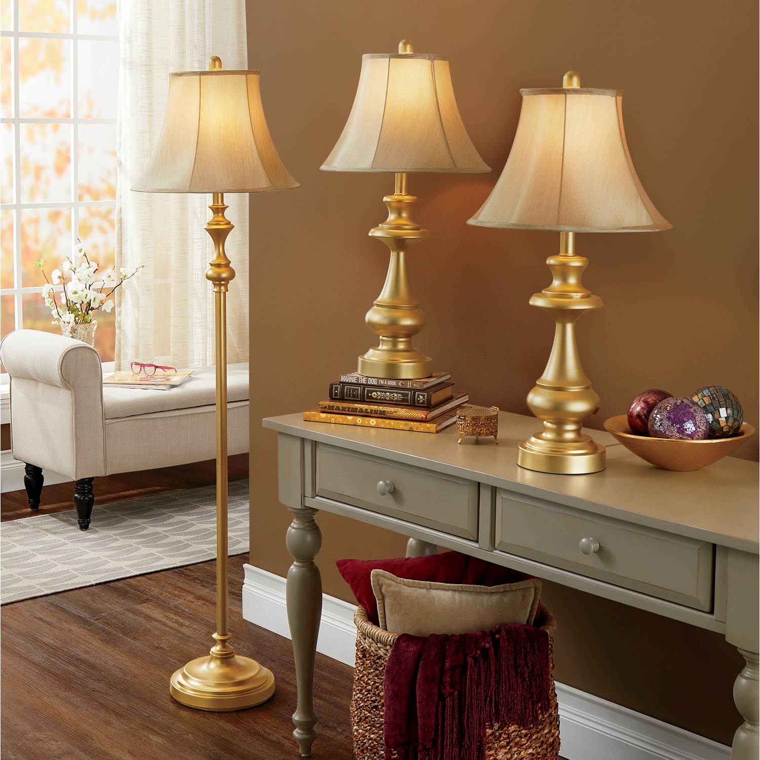 3Piece Traditional Gold Lamp Set Midnight Velvet