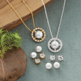 Pearl/Cubic Zirconia Pendant &amp; 2-Pair Post Set, , large