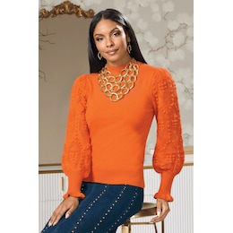 Nora Ribbed Women's Sweater with Pointelle Balloon Sleeves and Mockneck, , large