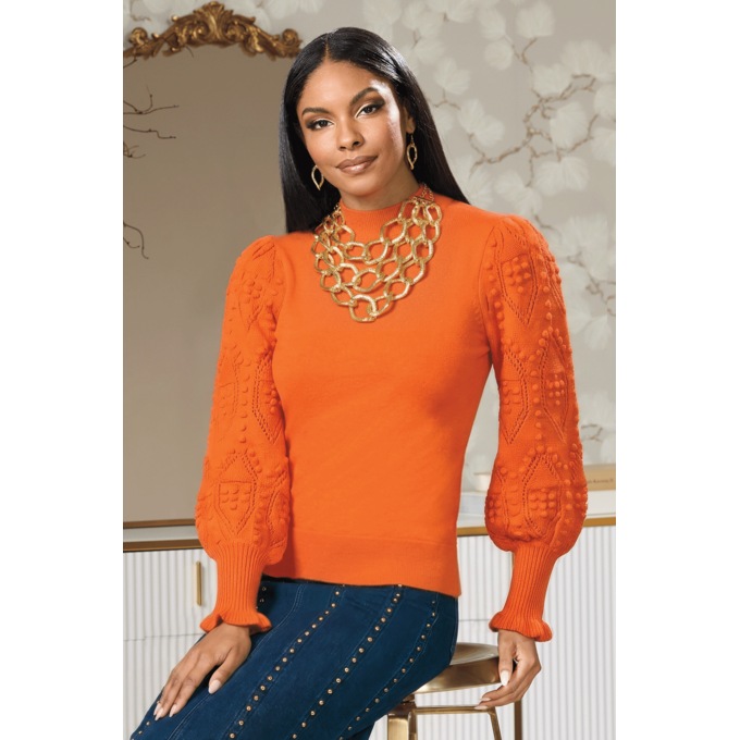 Nora Ribbed Women's Sweater with Pointelle Balloon Sleeves and Mockneck, Orange, large