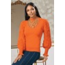 Nora Ribbed Women's Sweater with Pointelle Balloon Sleeves and Mockneck, Orange, large