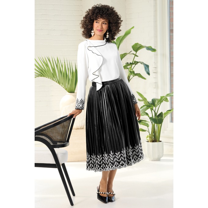 Morgan Woven Blouse and Pleated Faux-Leather Skirt, , large