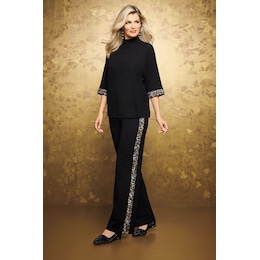 Leopard Rhinestone Trim Sweater-Knit Women's Pant Set, , large