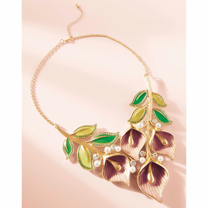 Multicolor Crystal &amp; Faux-Pearl Enamel Floral Necklace, , large
