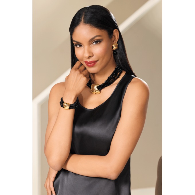 Color Beaded Necklace, Bracelet & Earring Set, Black, large