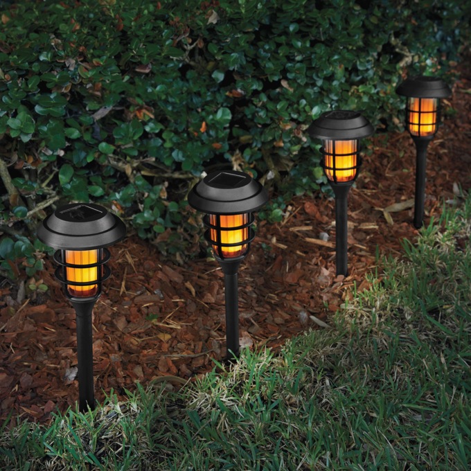 Set of 4 Faux-Flame Solar Stakes, , large