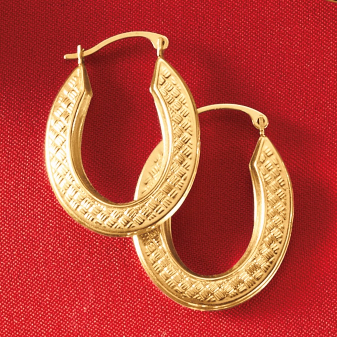 10K Gold Oval Basketweave Hoops, , large