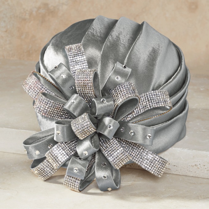 Embellished Flower Turban, Silver, large