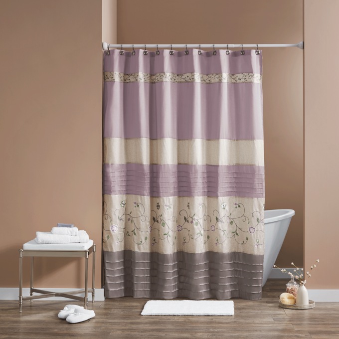 Embroidered Faux Silk Shower Curtain, , large