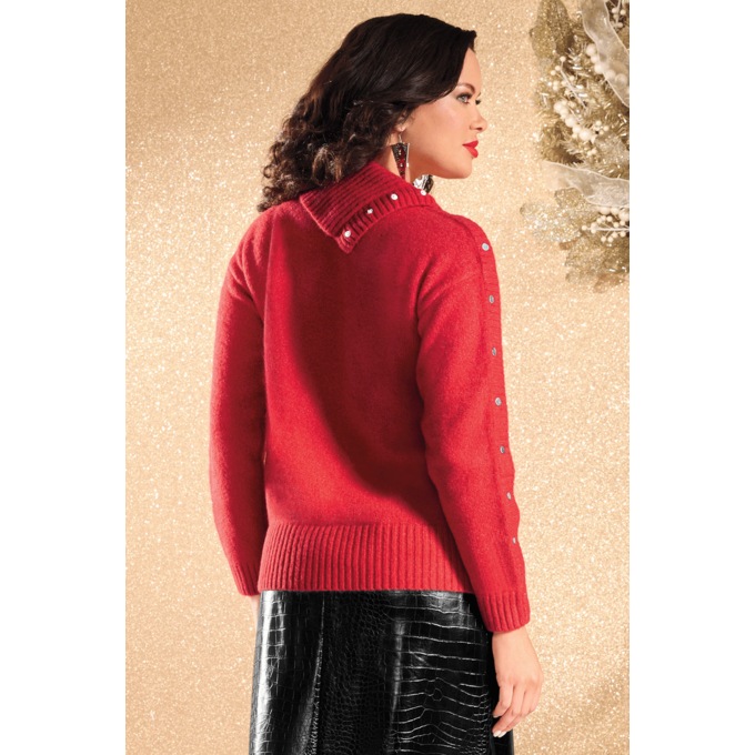 Kardi Asymmetrical Cowl Neck Sweater for Women with Snap Trim, Red, large
