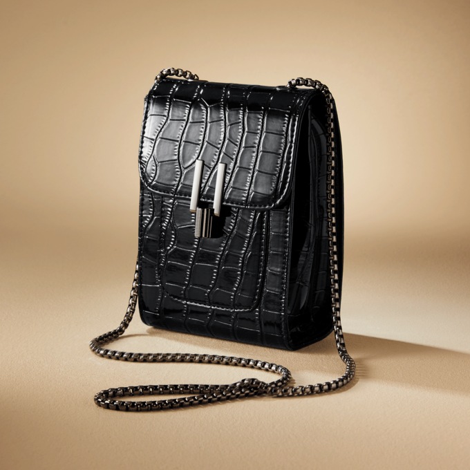 Croco Faux-Leather Cellphone Crossbody with Chain Crossbody Strap, Black, large