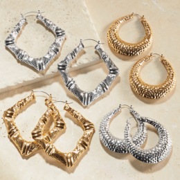 Hammered- &amp; Bamboo-Textured Hoop Set, , large