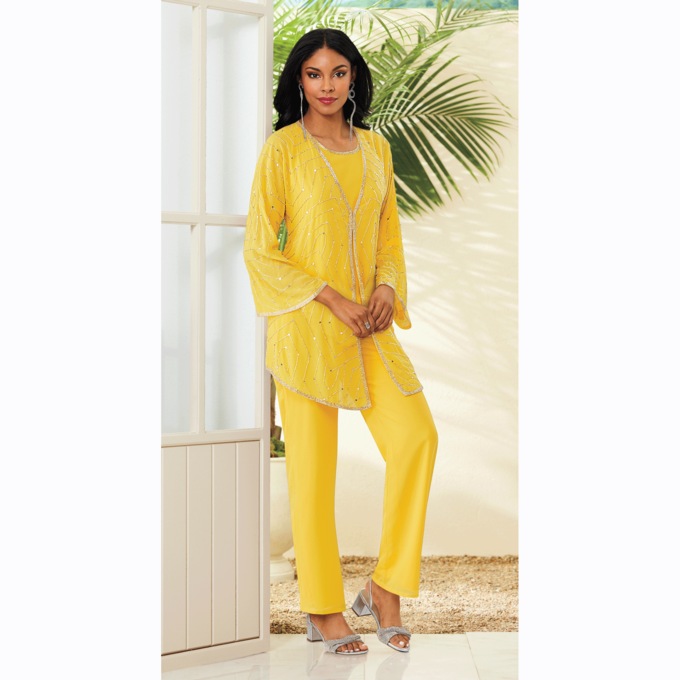 Pernylle 3-Piece Sequin and Bead Pant Set, Yellow, large