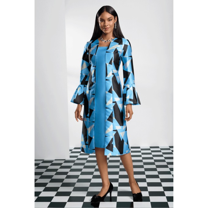 Rilette Faux-Jacket Illusion Dress with Geometric Print and Bell Sleeves, , large