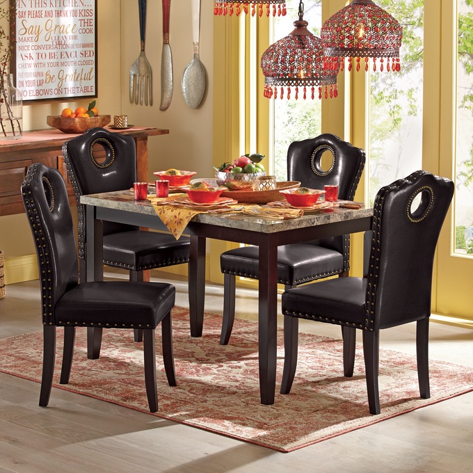 Marble Look Dining Table And Nailhead Chairs Midnight Velvet