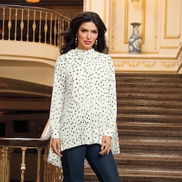 Samira Pleated Georgette Tunic with Balloon Sleeves and Tie Neck, , large