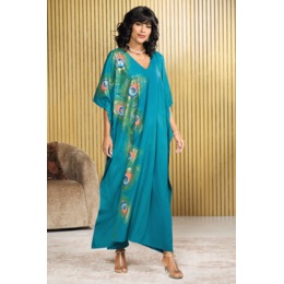 Ember Long Wearable-Art Caftan with Peacock Feather Print, , large