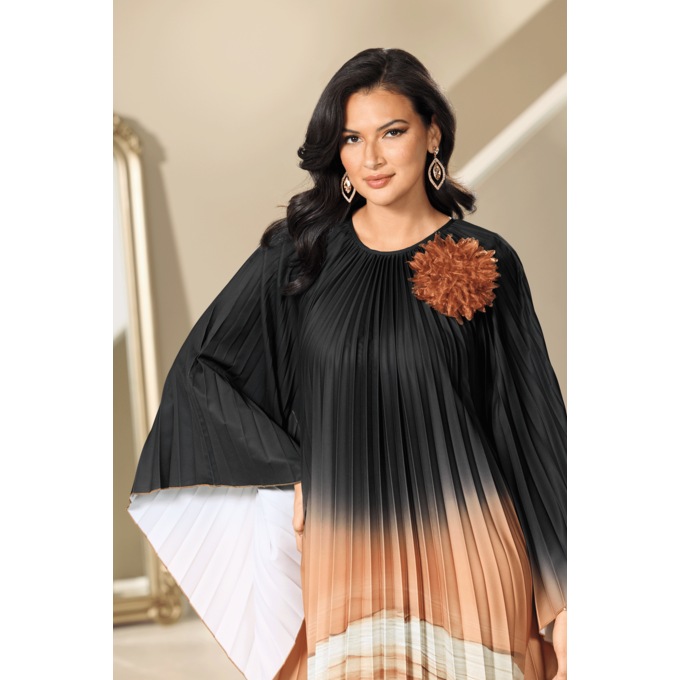 Farida Long Pleated Caftan in Ombre Print with Rosette Pin, Black Copper, large