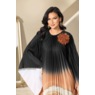 Farida Long Pleated Caftan in Ombre Print with Rosette Pin, Black Copper, large