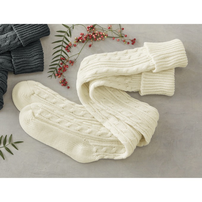 Over-The-Knee Cable-Knit Sock, Ivory, large