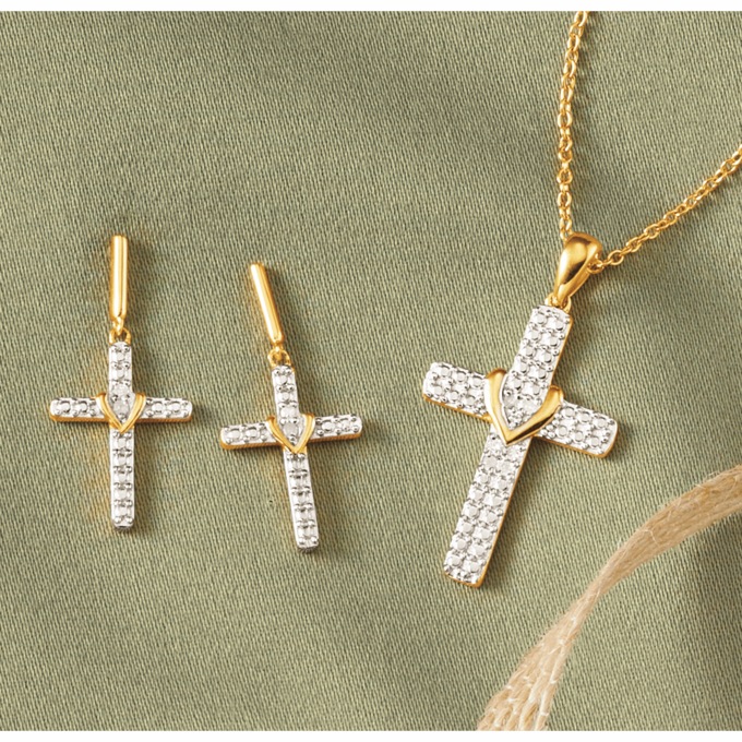 Diamond Cross Heart Necklace and Earring Set, , large