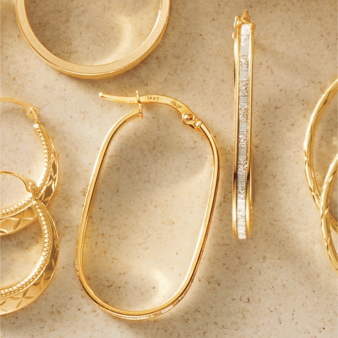10K Gold Glitter Oval Hoops, , large