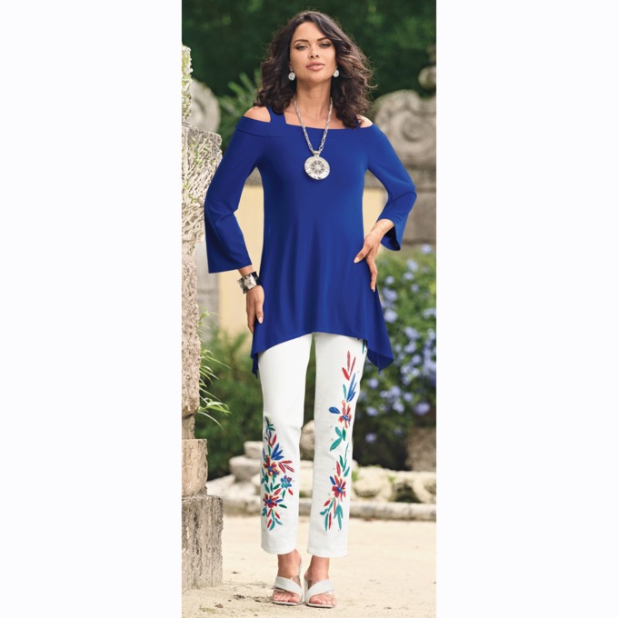 Cara Cold-Shoulder Tunic with Flared Sharkbite Hem, , large