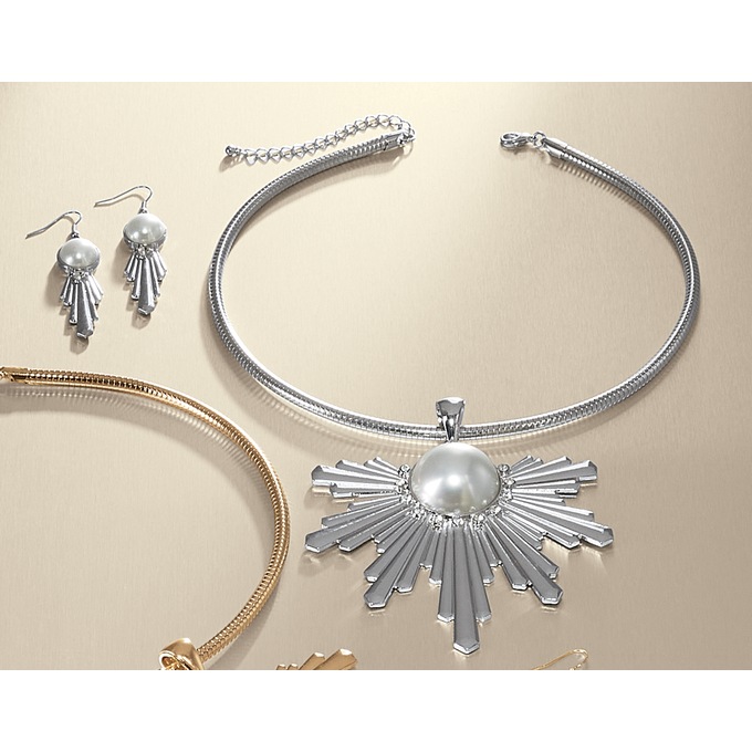 Faux-Pearl Ray Necklace and Earring Set, , large