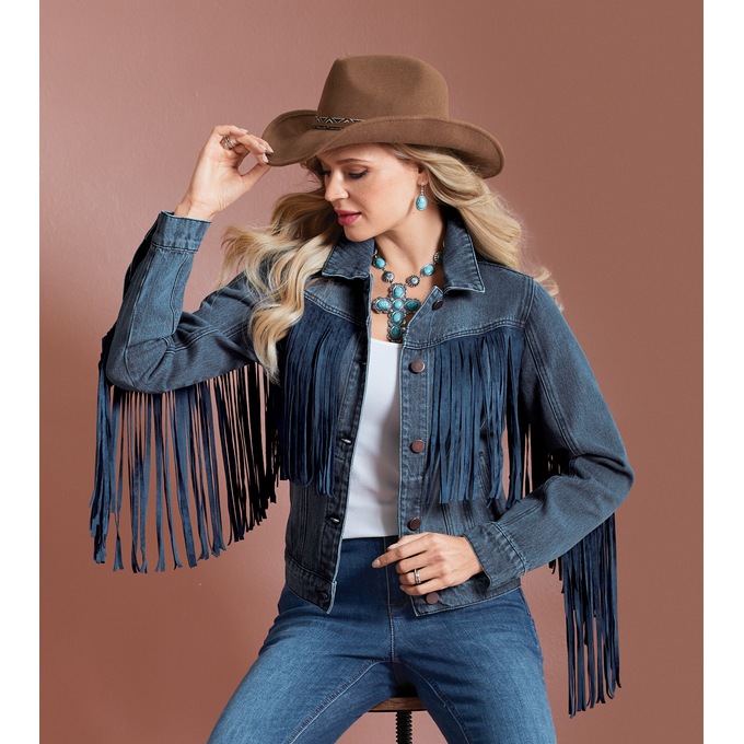 Denim Fringe Jacket, , large