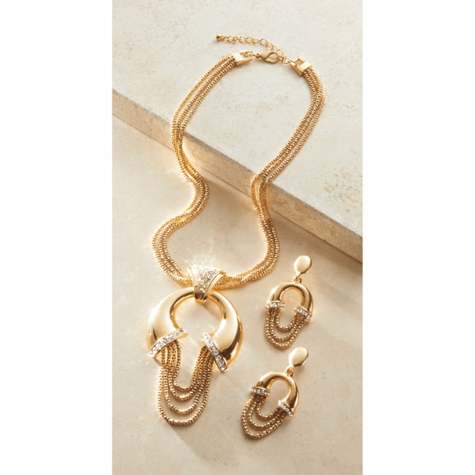 Double-Horn Crystal Chain Necklace & Earring Set, , large