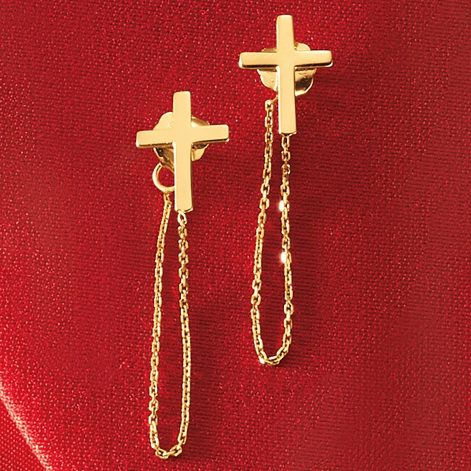 10K Gold Cross/Chain Post Earrings, , large