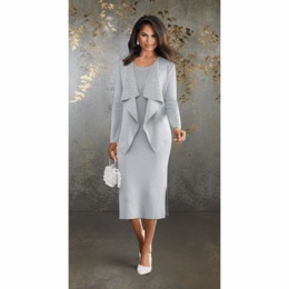 Pearl-Embellished Sweater Knit Set with Jacket and Sleeveless Sheath Dress, , large