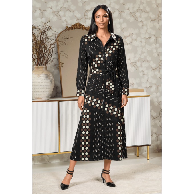 Marsy A-Line Women's Shirtdress with Long Sleeves and Belt, , large