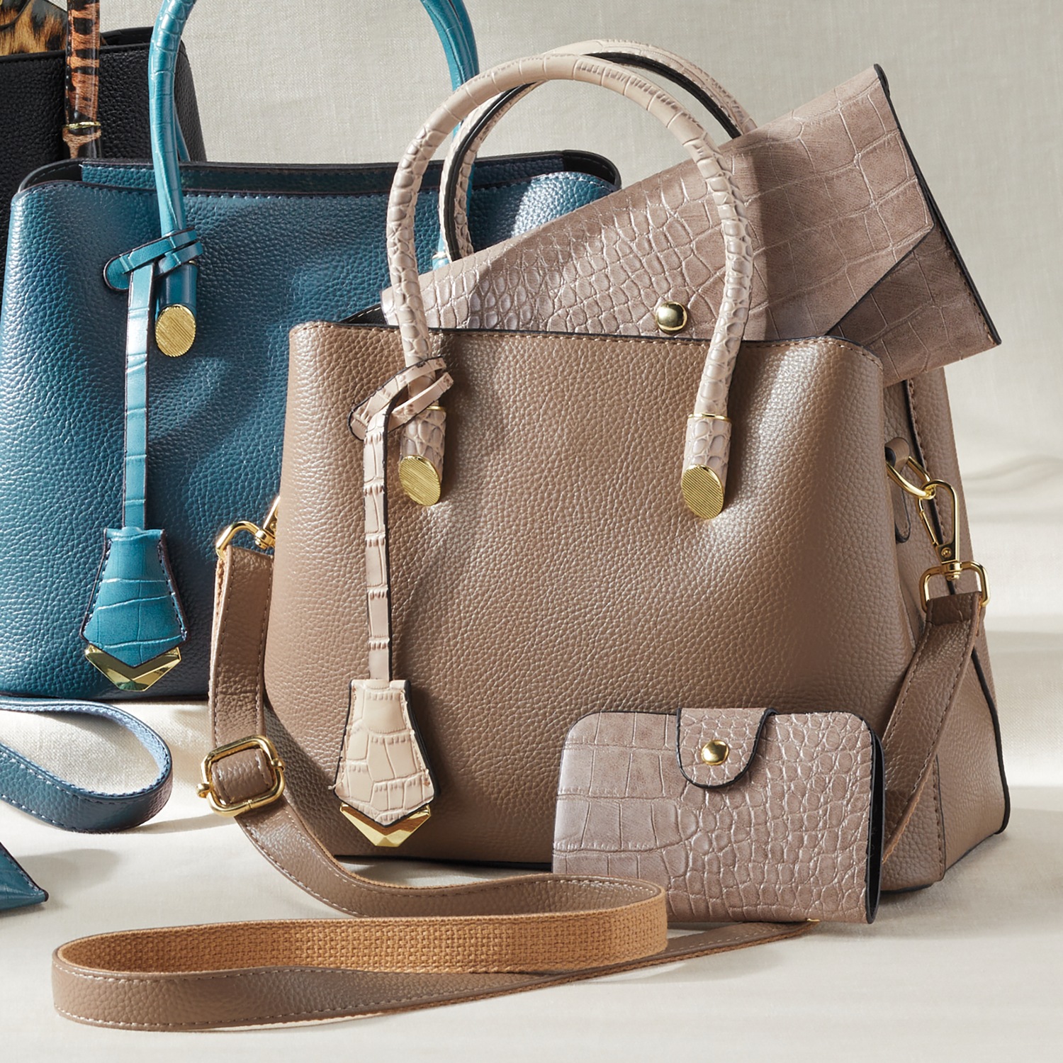♡Bel♡ 3-Piece Faux Leather Satchel Set with Croco-Embossed Accessories