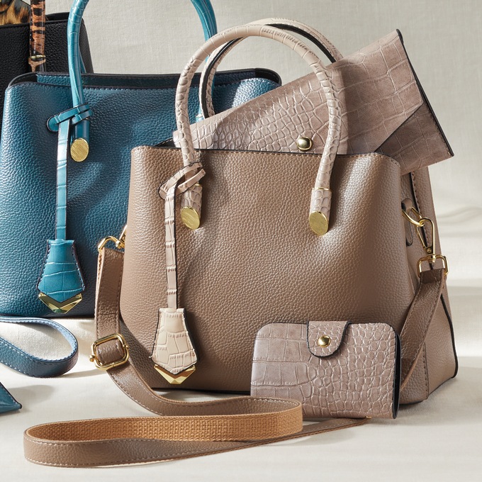 Faux Leather Satchel Set with Croco-Embossed Accessories, Camel, large