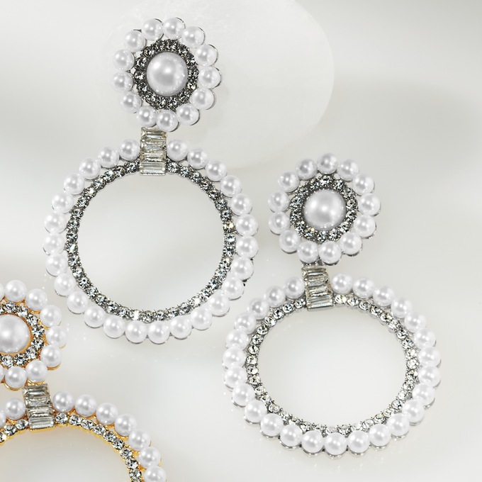 Faux Pearl Crystal Circle Drop Earrings, Silvertone, large