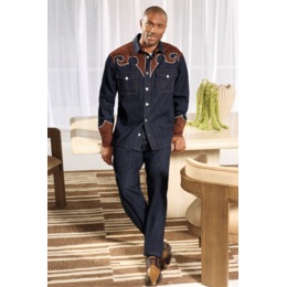 Rodney Men&rsquo;s Western Denim Shirt &amp; Pant Set with Studded Faux-Suede Appliqu&eacute;s, , large