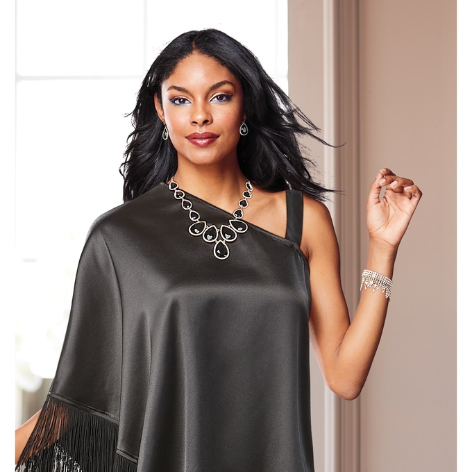 Colored Pear-Cut Crystal Necklace & Earring Set, Black, large