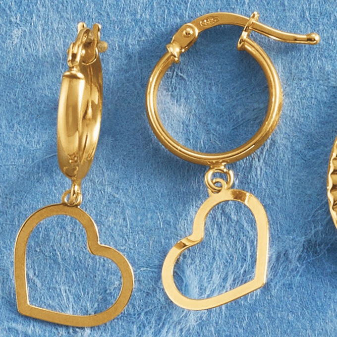 10K Gold Heart Dangle Hoops, , large