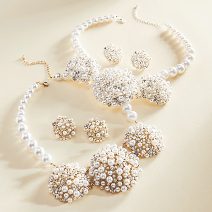Faux-Pearl Crystal Cluster Necklace & Earring Set, , large